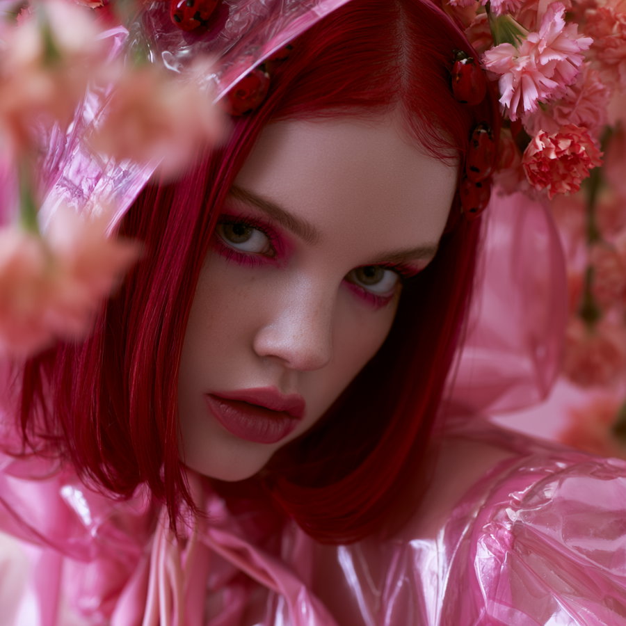 A close-up image of a woman with straight red hair, wearing pink eye makeup and lipstick, surrounded by pink flowers and wearing a translucent pink outfit.