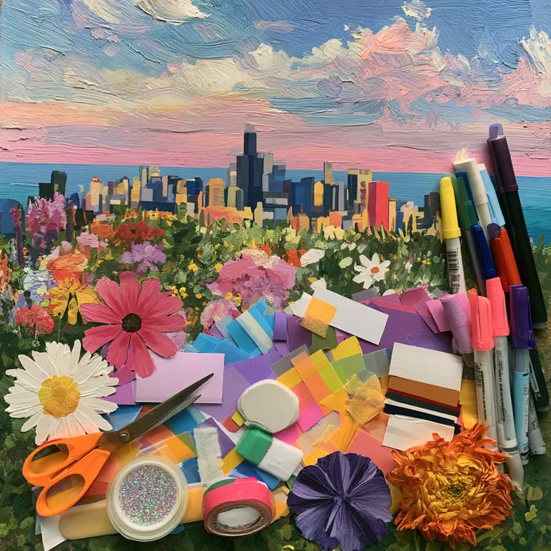 Colorful mixed media artwork featuring cityscape and floral elements with art supplies