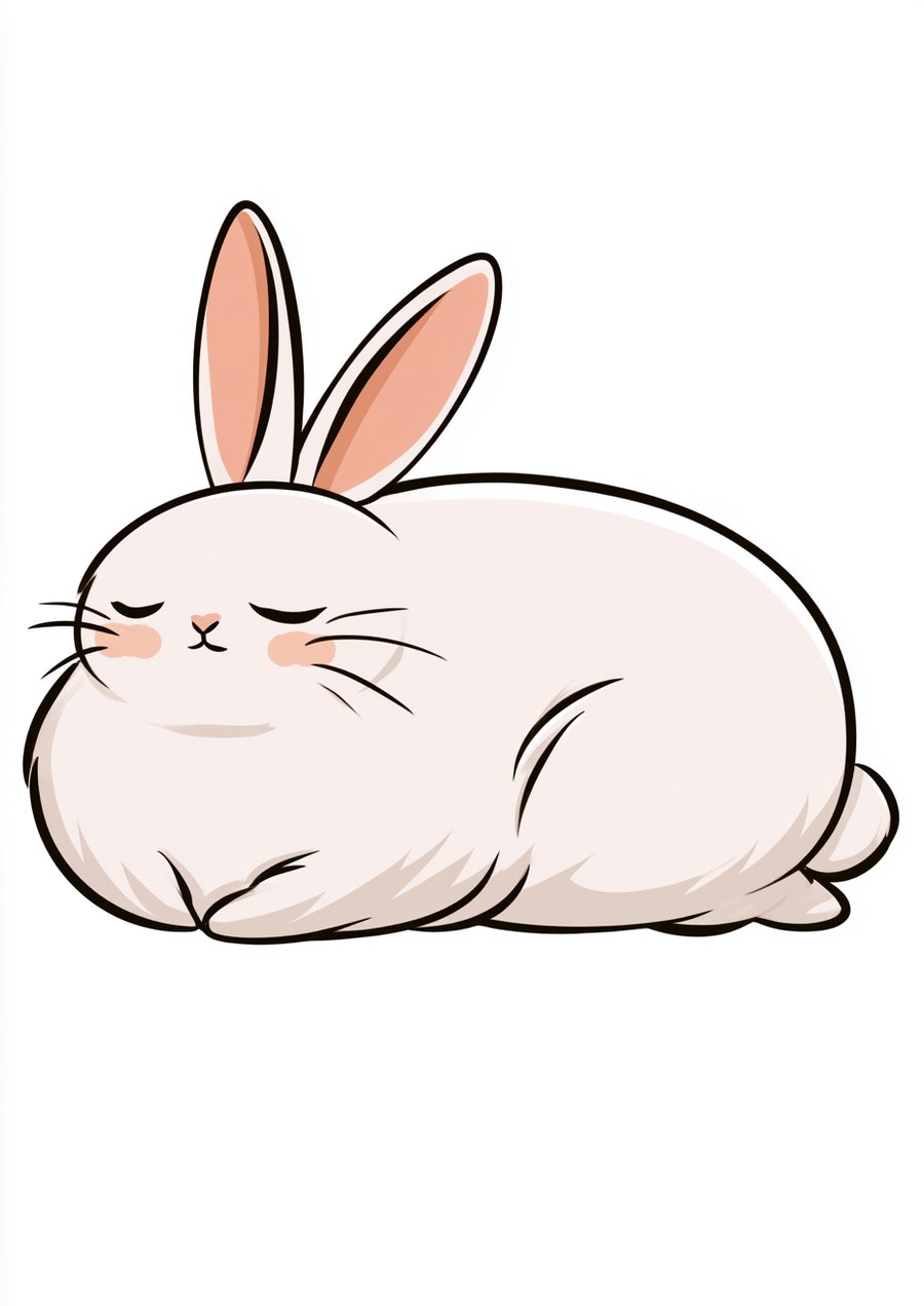 Illustration of a plump white rabbit with pink inner ears and cheeks, eyes closed, sitting on a white background