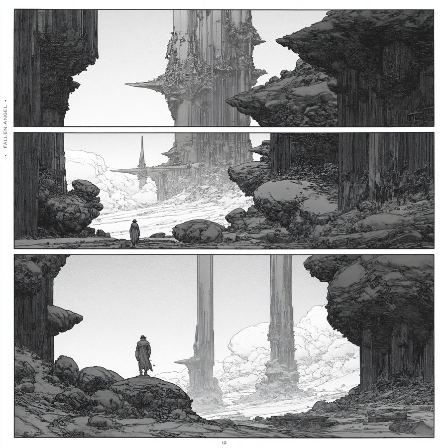 Monochrome illustration showing a person standing in a rocky landscape surrounded by towering, intricate rock formations and clouds in the background
