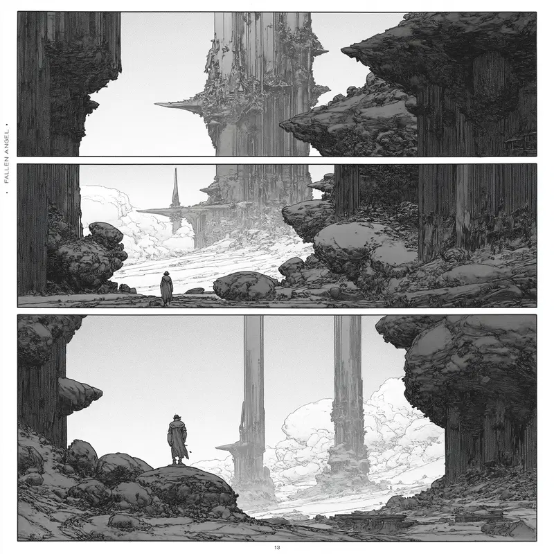 Detailed black and white fantasy landscape with towering rock formations and a lone figure