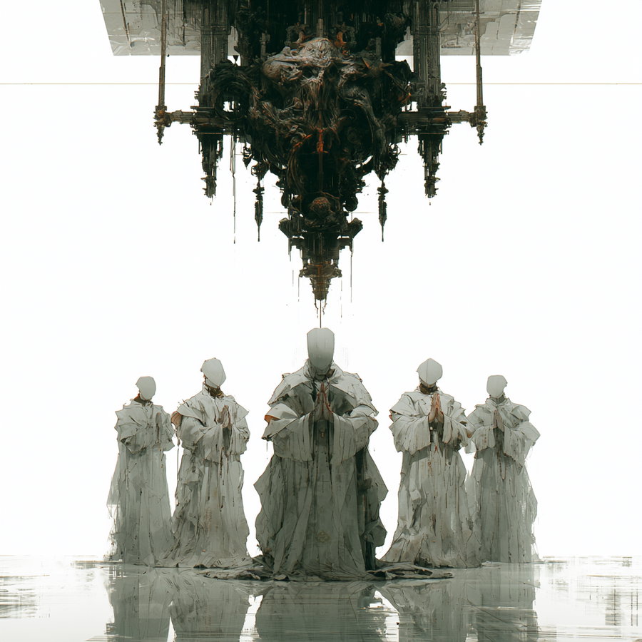 Five faceless figures in flowing robes standing and kneeling in front of a dark, intricate, suspended structure against a stark white background
