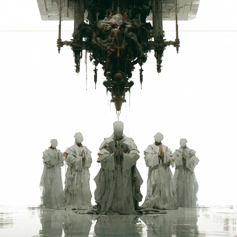Mysterious robed figures in a surreal dark fantasy setting with ominous architecture