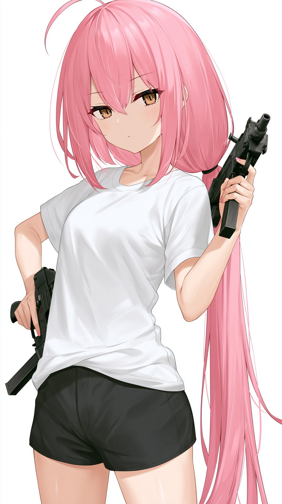 Anime girl with long pink hair, wearing a white t-shirt and black shorts, holding two guns with a serious expression on her face