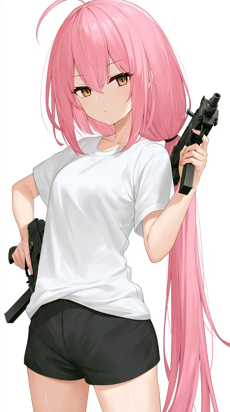 Anime style illustration of a girl with long pink hair holding guns