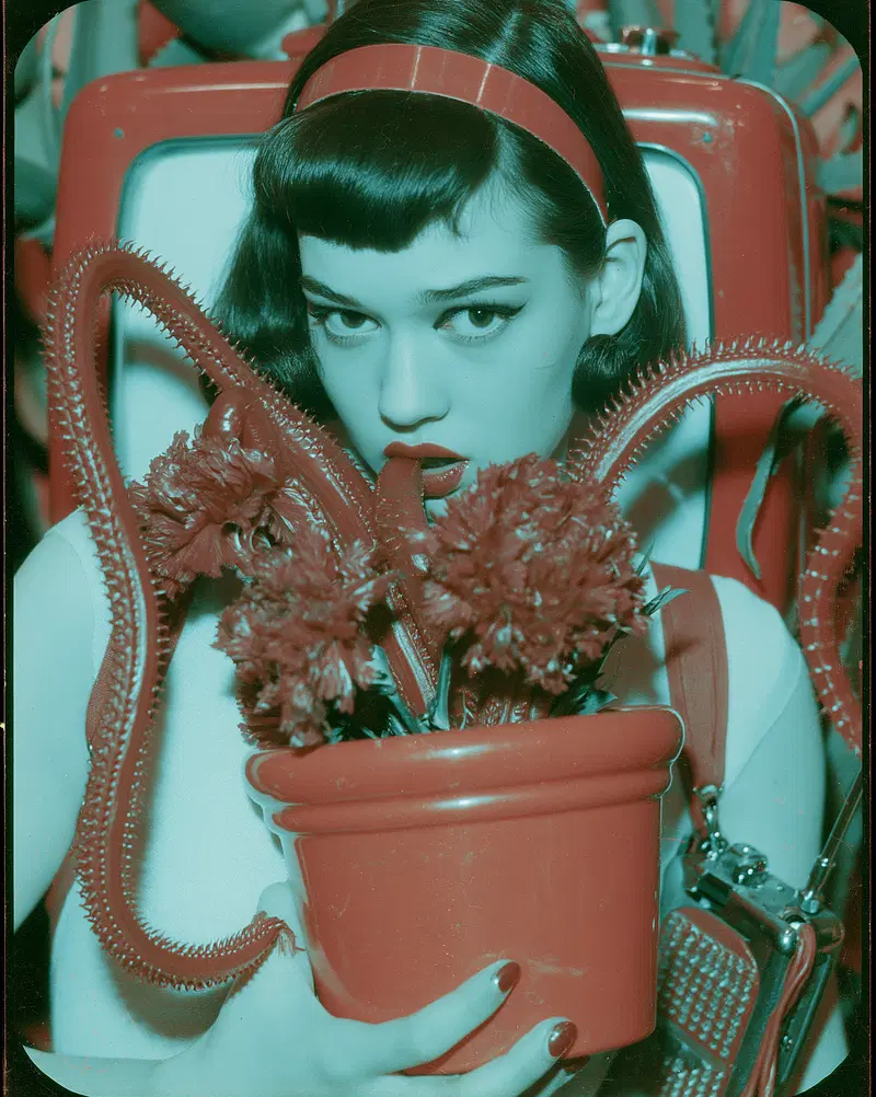 Surreal dark fantasy portrait of woman with tentacle plant in red pot