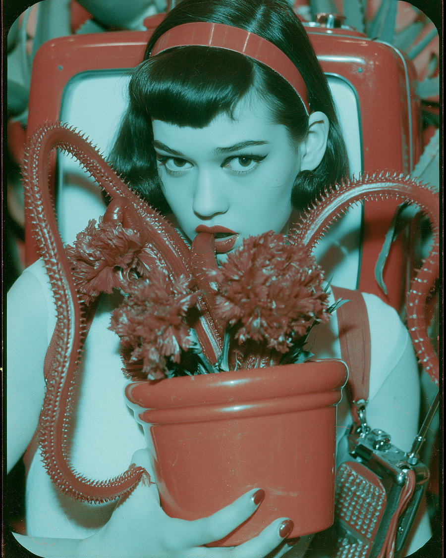 A woman with short black hair and red lipstick holding a red flower pot with tentacle-like appendages and red flowers, with a red headband and red suspenders, against a retro background