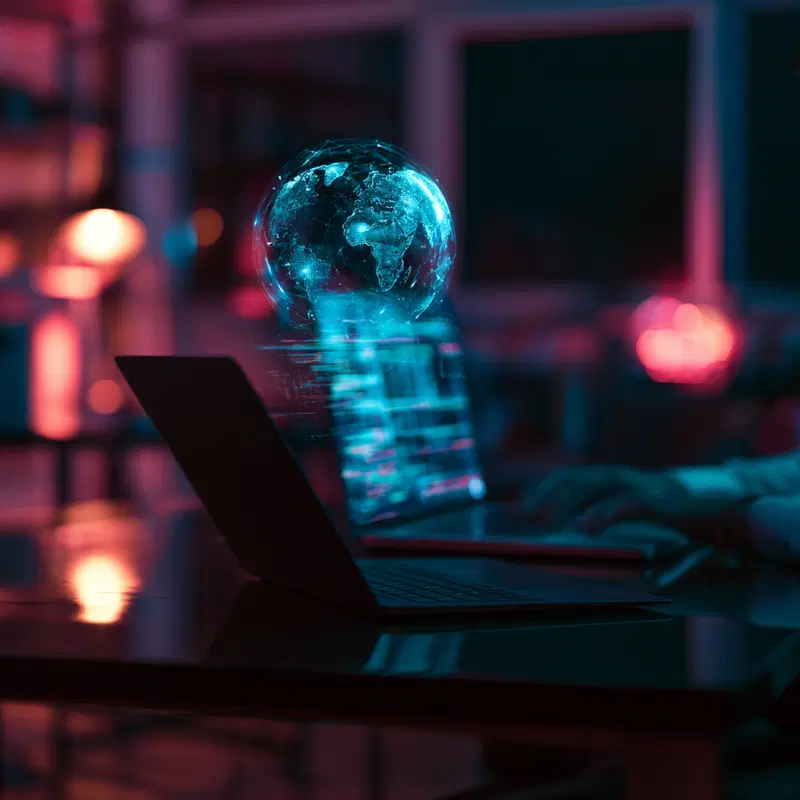 Glowing digital globe hologram projecting from laptop in dark room