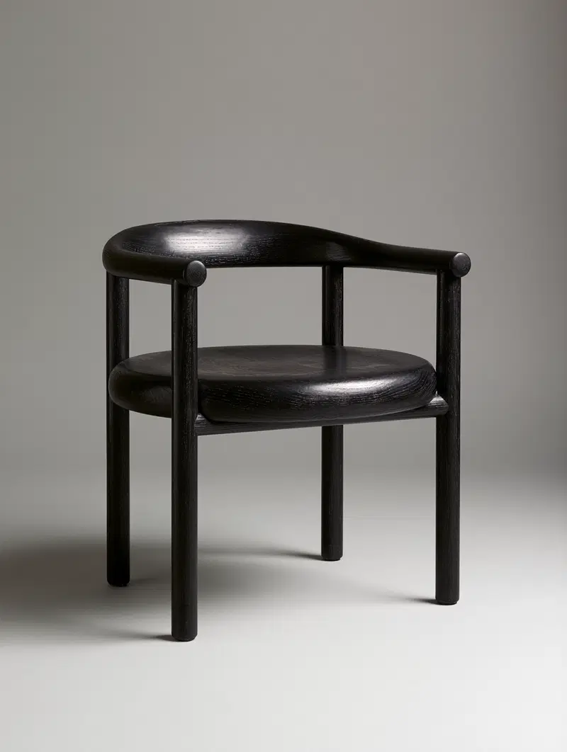Modern black wooden chair with cylindrical legs and rounded backrest