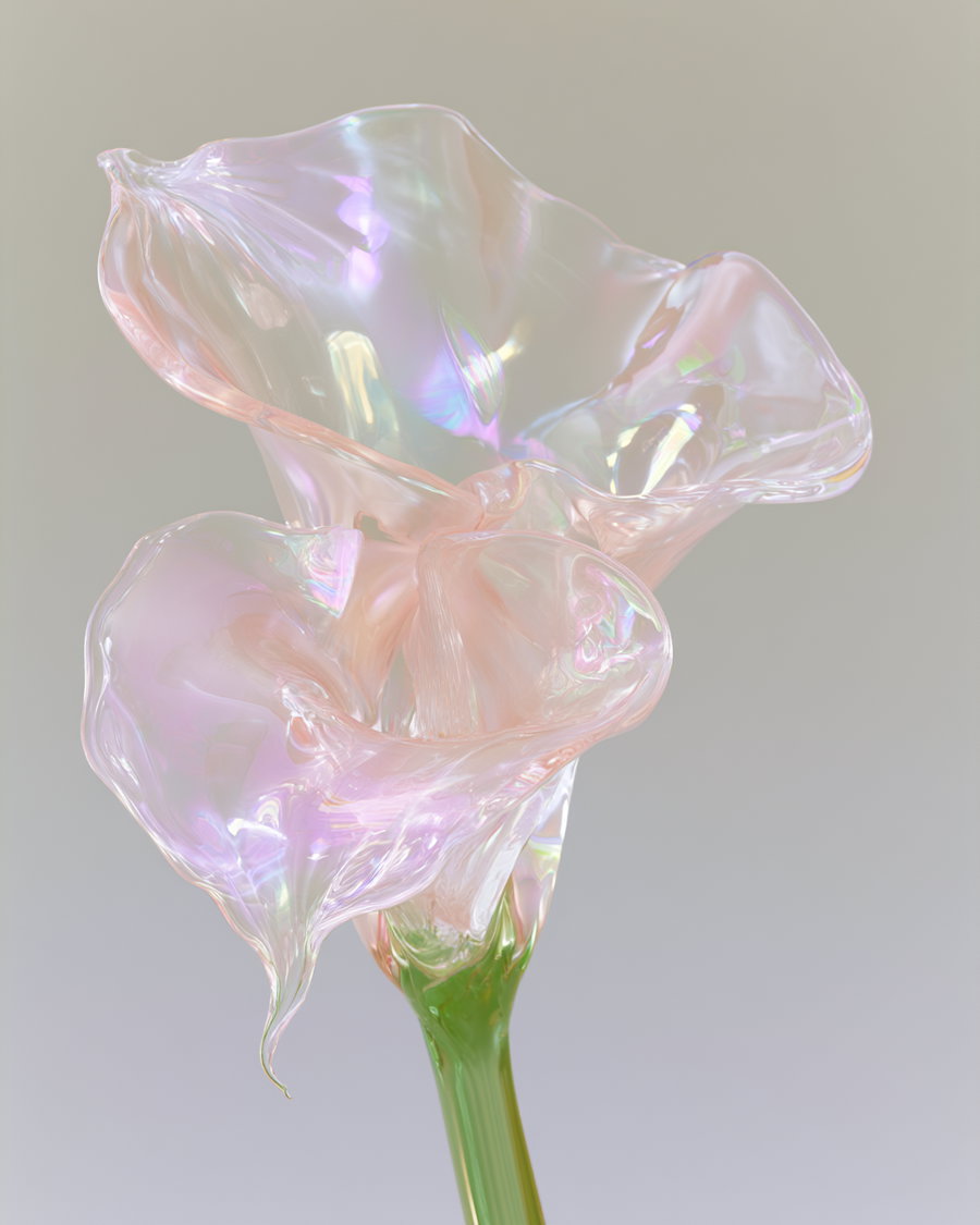 Close-up image of a translucent, iridescent pink glass flower with two large petals and a green glass stem on a plain gray background