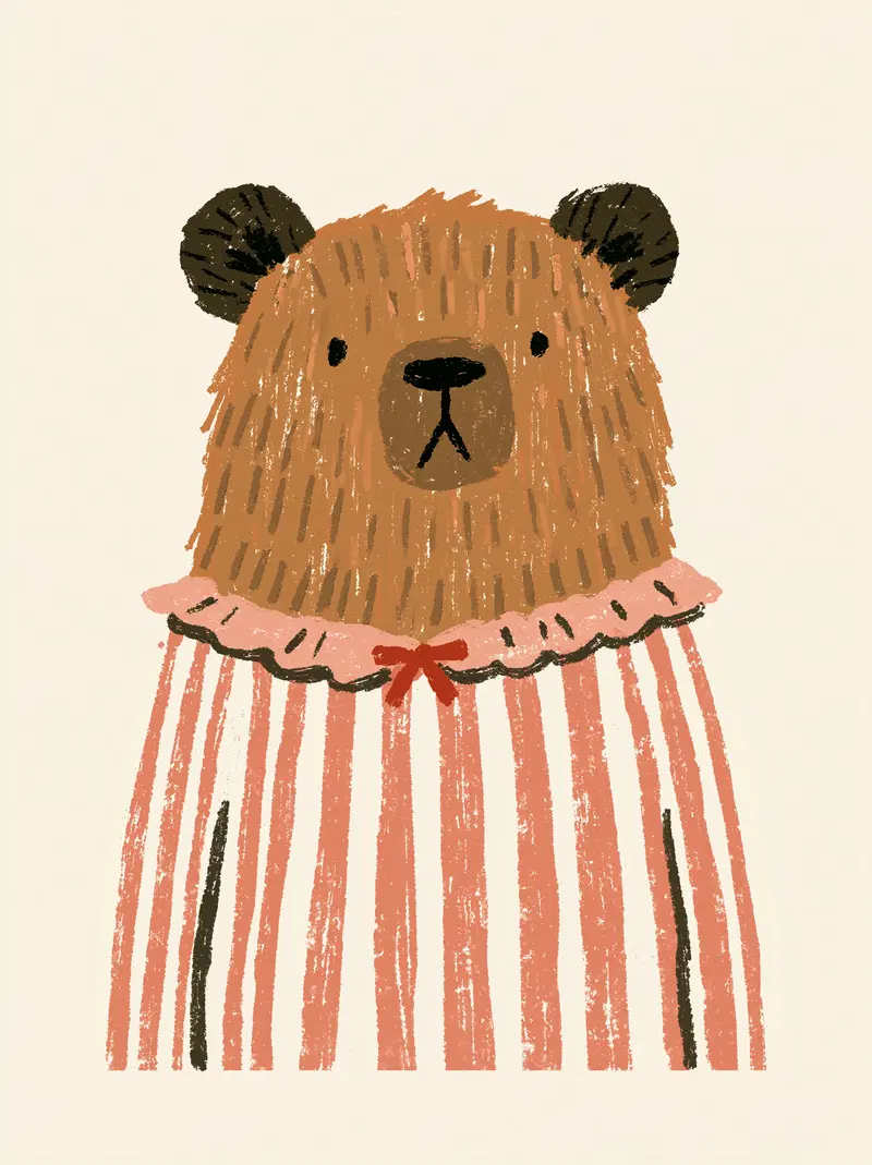 Cute illustrated bear character in striped clothing with ruffled collar