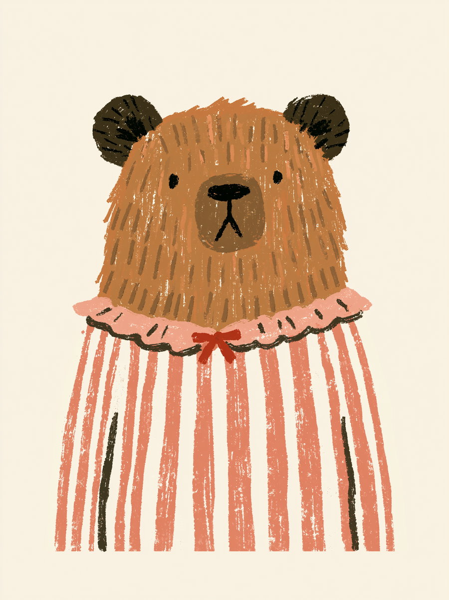 A hand-drawn style illustration of a brown bear wearing a pink and white striped outfit with a pink ruffled collar and a small red bow on a light beige background