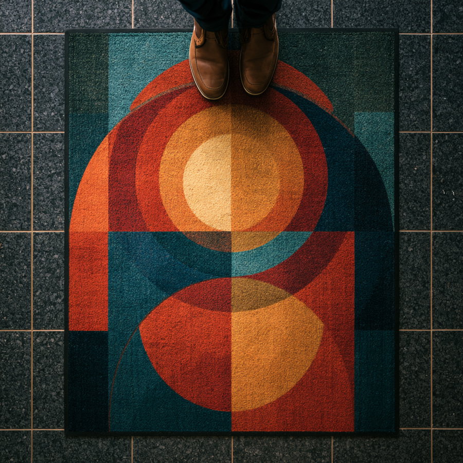 A floor mat with an abstract geometric pattern featuring overlapping circles and rectangles in shades of orange, yellow, red, and blue, with a person's brown shoes visible at the top edge