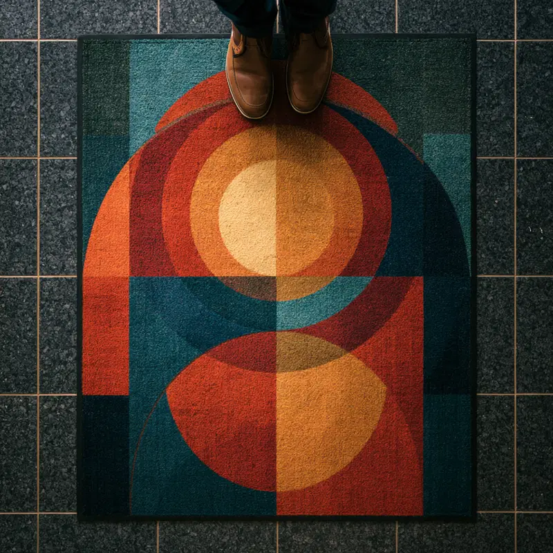 Decorative geometric design with overlapping circles and rectangles on a floor mat