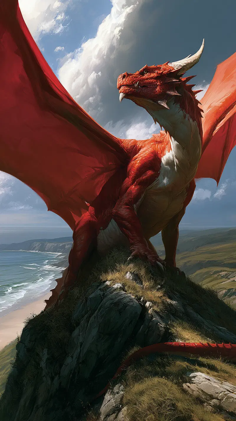 Majestic red dragon perched on a rocky cliff overlooking the ocean