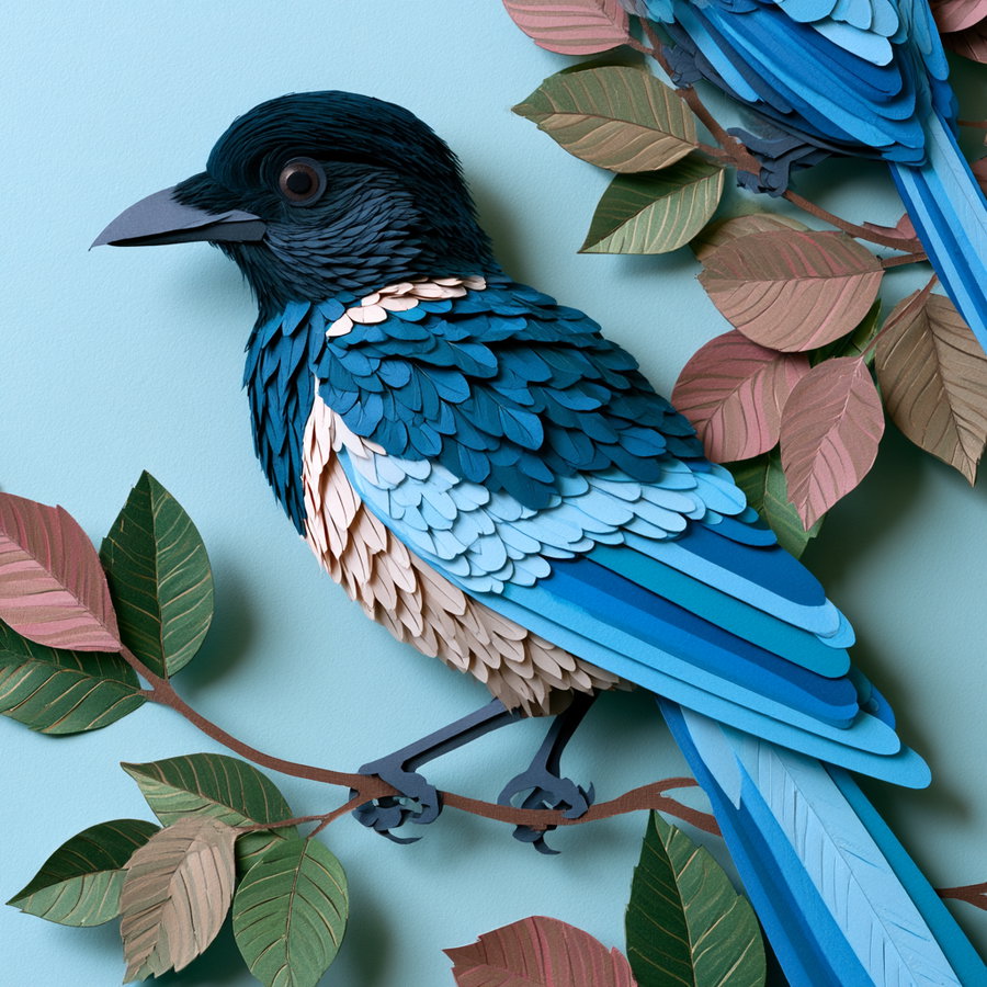 A detailed paper sculpture of a blue bird with layered feathers, perched on a branch with multi-colored paper leaves against a light blue background.