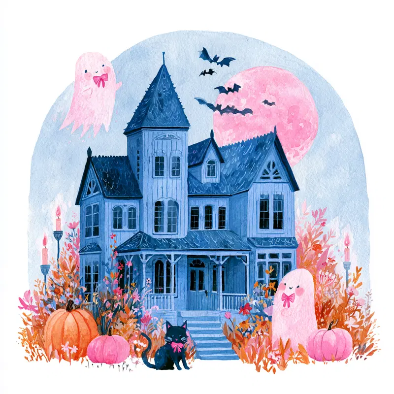 Whimsical watercolor painting of a haunted house with ghosts, pumpkins, and bats