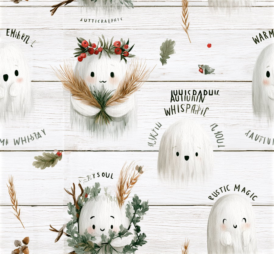 Illustration of cute white ghosts with facial expressions, decorated with autumn foliage, berries, and wheat, set against a white wooden planked background, with handwritten text around them