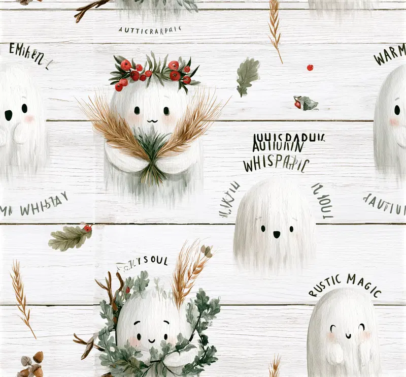 Whimsical autumn-themed ghost illustrations with rustic nature elements