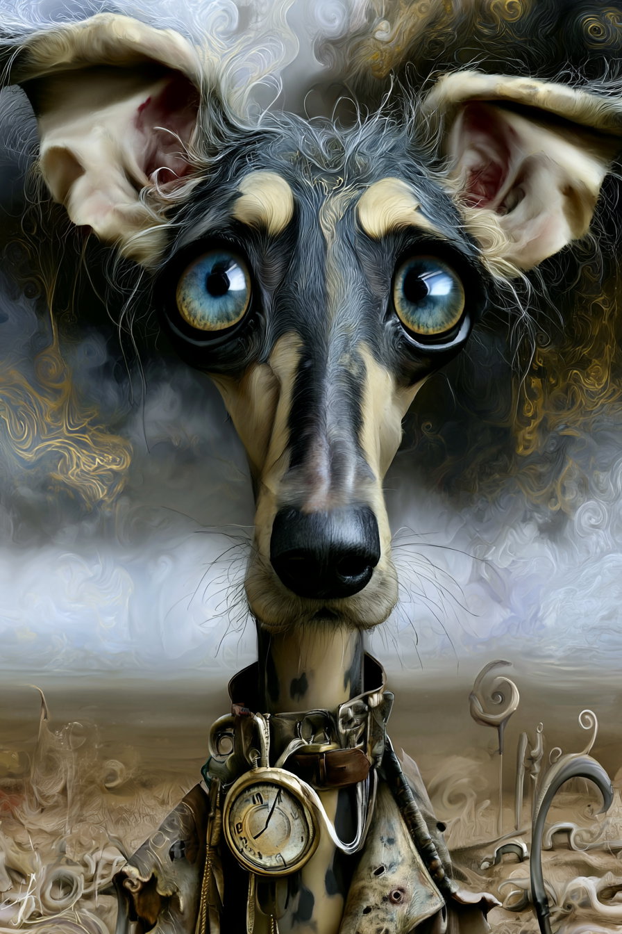 A surreal digital painting featuring a dog with exaggerated large blue eyes and detailed fur, wearing a collar with a clock pendant, set against a swirly abstract background