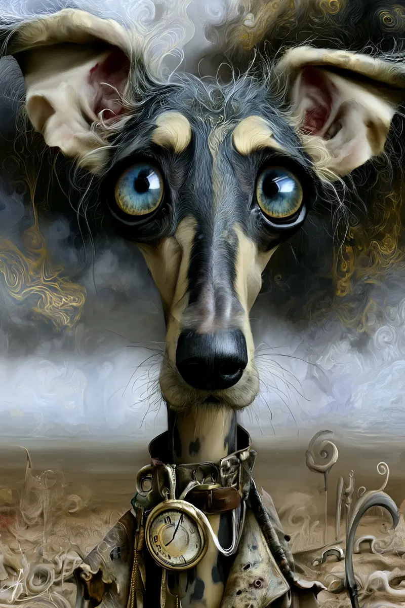 Surreal digital painting of a whimsical dog with large eyes and a clock collar