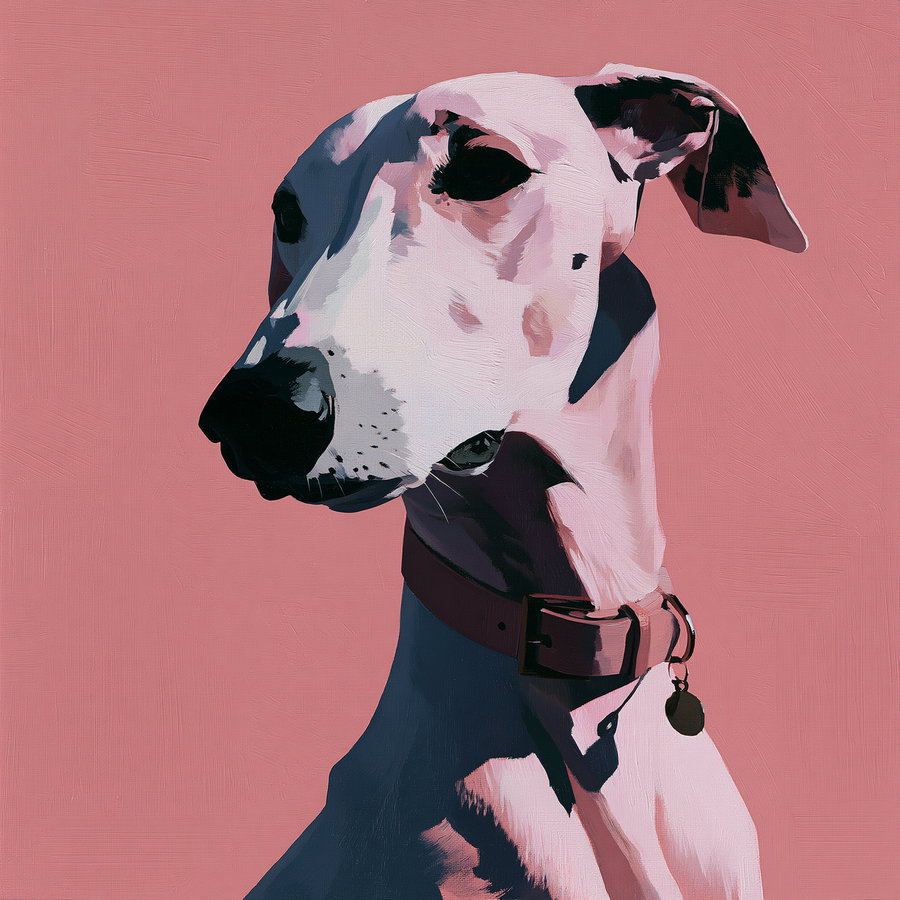 Portrait painting of a white dog with black markings on its face, wearing a brown collar, set against a plain pink background