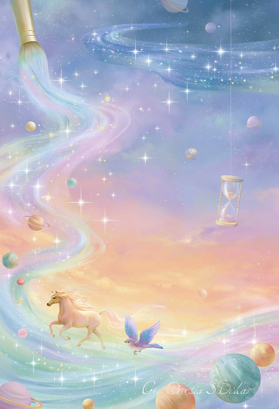 A pastel-colored surreal digital painting featuring a unicorn and a bird running on a swirling rainbow path through a starry sky filled with planets and a floating hourglass.