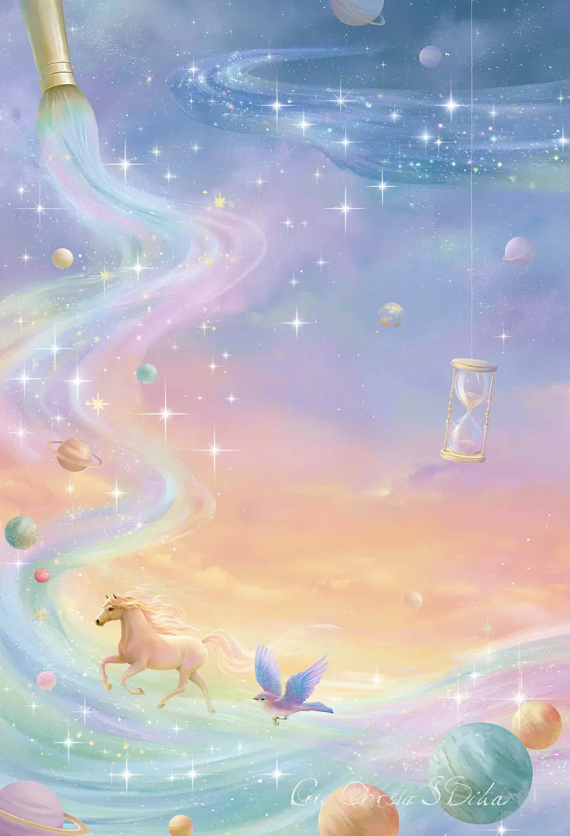 Surreal Dreamscape with a Unicorn, Bird, Planets, and an Hourglass