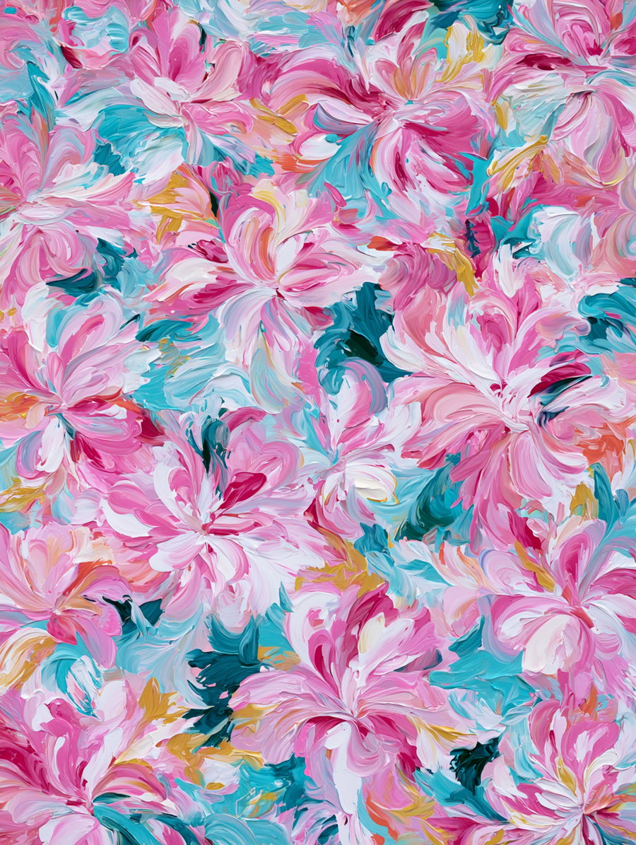 An abstract painting with swirling brush strokes forming floral shapes in pink, teal, white, gold, and blue hues.
