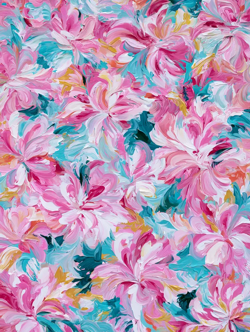 Vibrant abstract floral-inspired brush stroke painting with lively colors