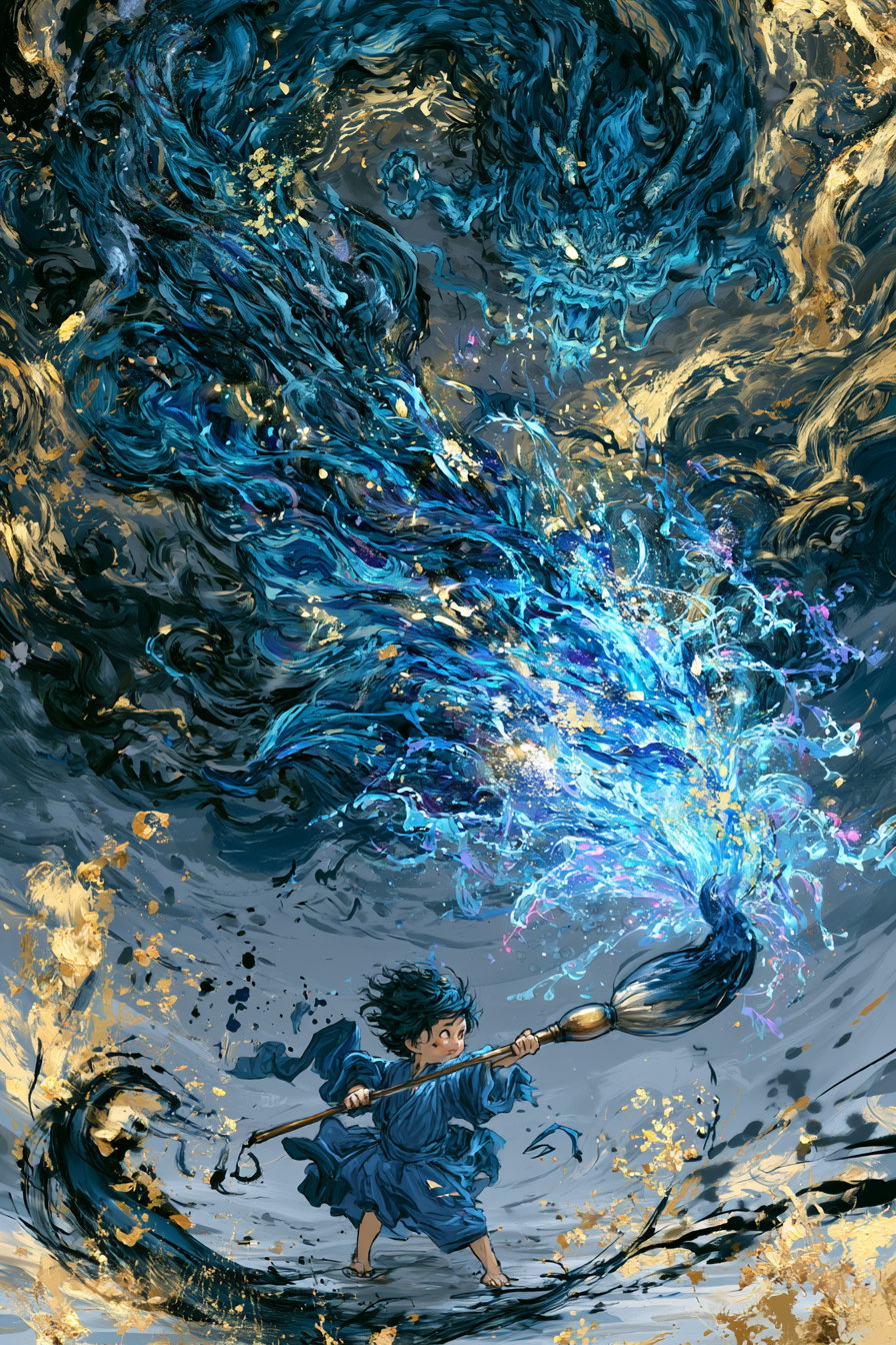 Digital art of a young wizard in blue robe wielding a giant brush creating a powerful swirl of magical blue energy confronting a large glowing-eyed dragon head in a mystical environment with gold and black swirling patterns