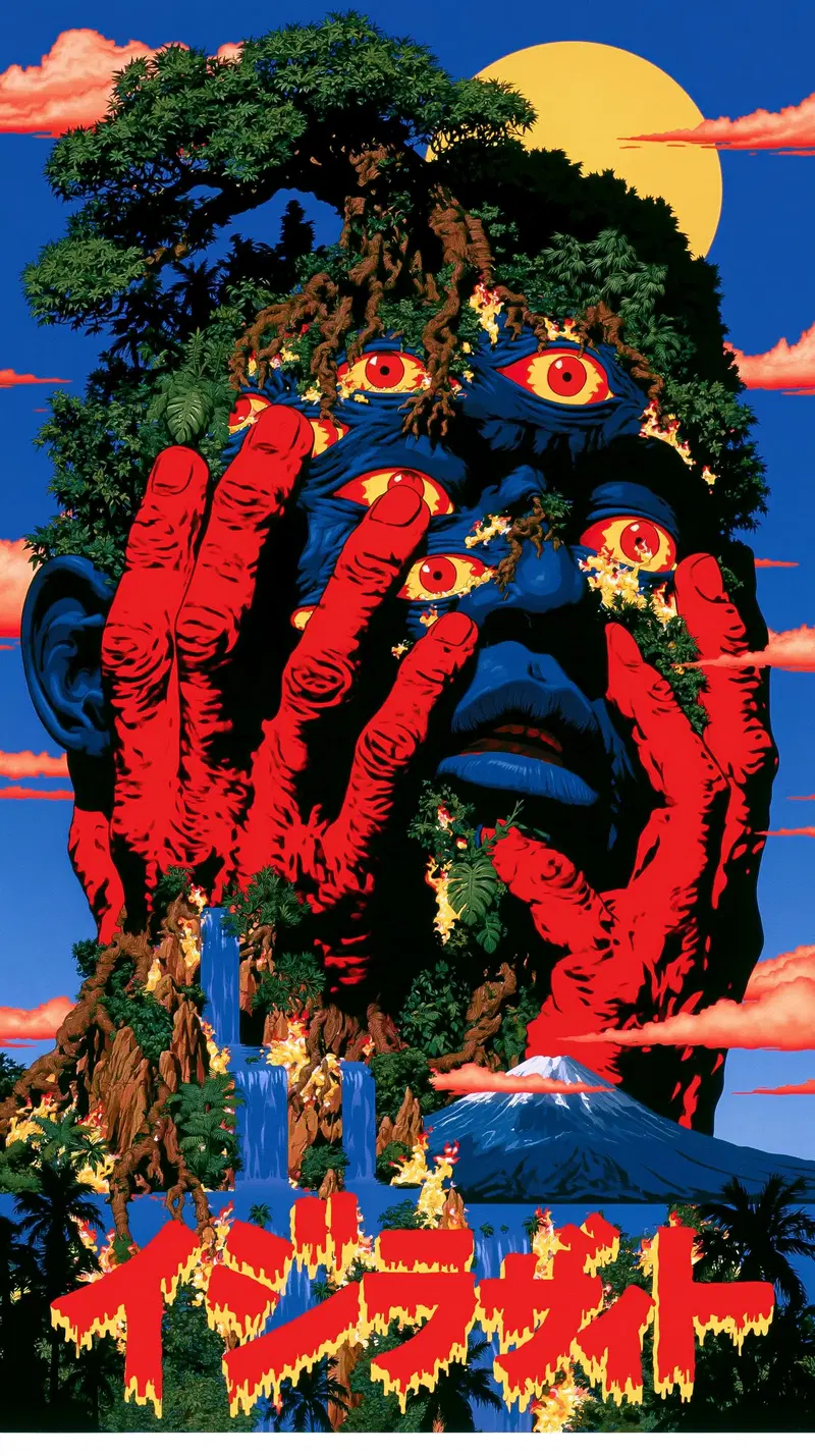 Surreal artwork featuring a blue face with multiple red eyes and fiery red hands
