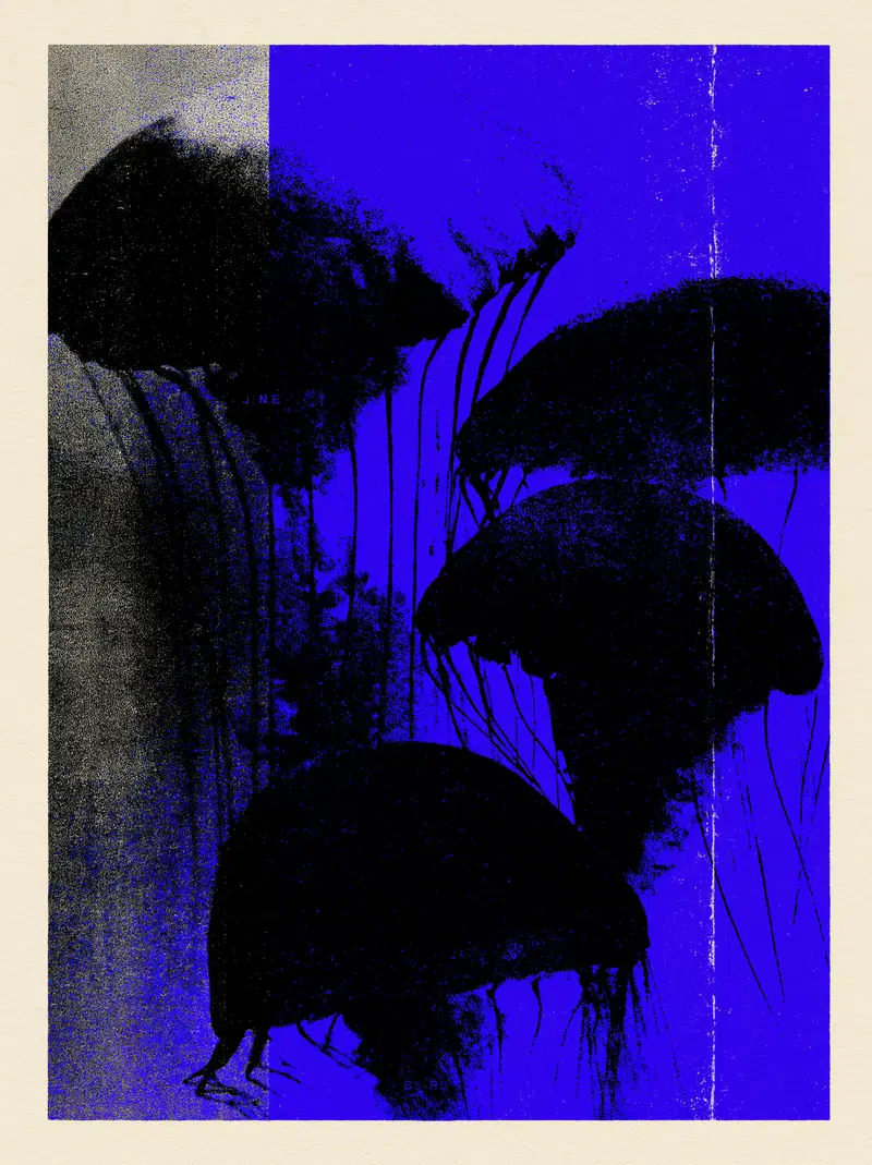 Dark stylized digital art depiction of jellyfish silhouettes on blue