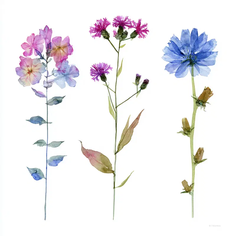 Delicate watercolor paintings of three different wildflowers on white
