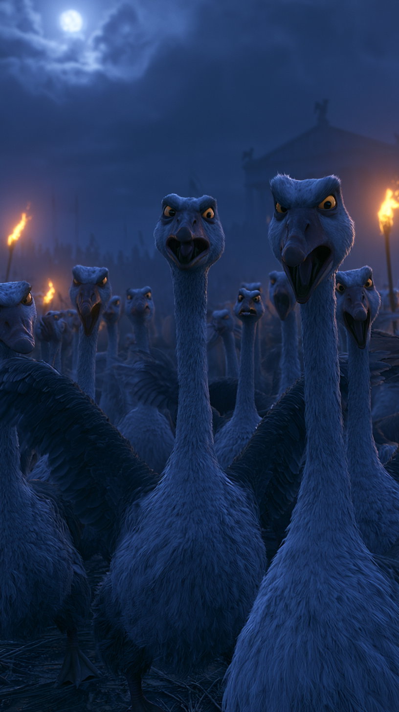 A group of animated geese with angry expressions, standing close together at night under a full moon, with torches and a large building in the background