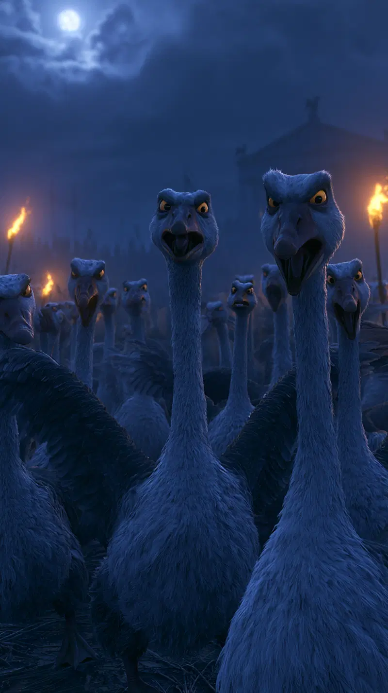Angry animated fantasy geese gathered at night with a full moon and torches