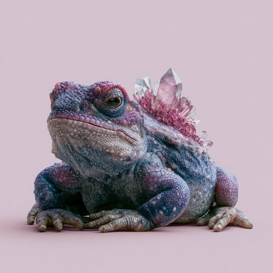 A close-up of a realistic toad with purple and pink textured skin and large pink crystals protruding from its back, set against a plain light pink background