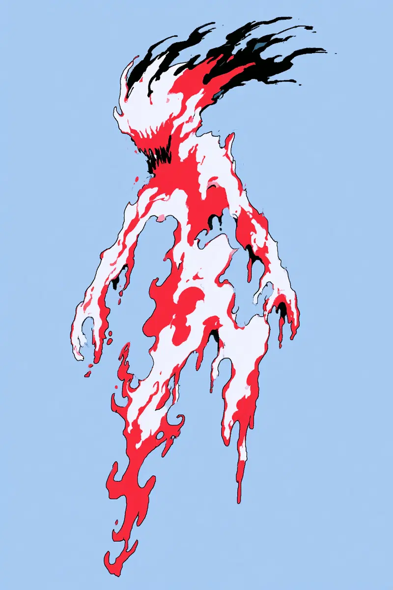 Surreal dark fantasy creature composed of dripping red and white flames