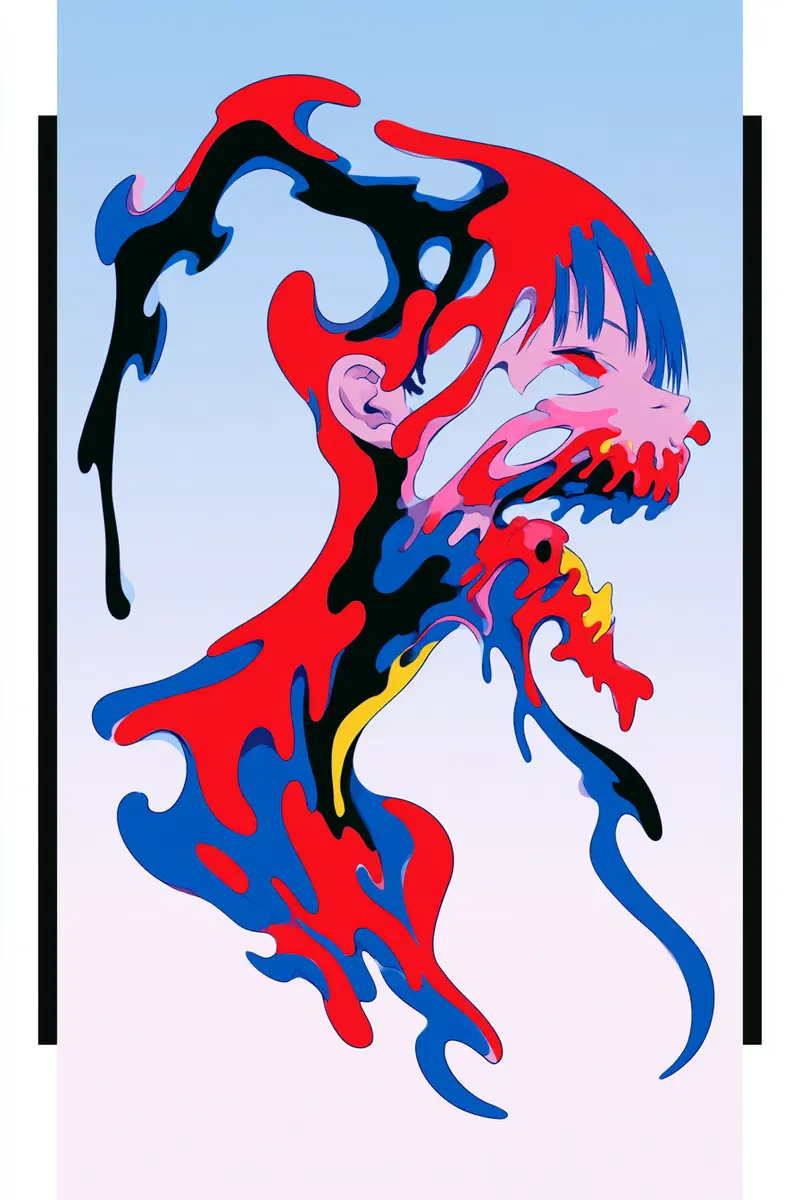 Surreal abstract depiction of a human face with colorful fluid forms