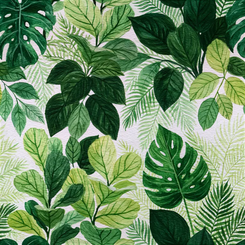 Watercolor painting of various green tropical leaves and foliage