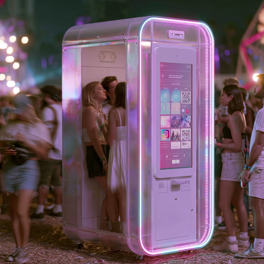 People standing outside and inside a translucent photo booth illuminated by pink and purple neon lights in a crowded outdoor setting at night