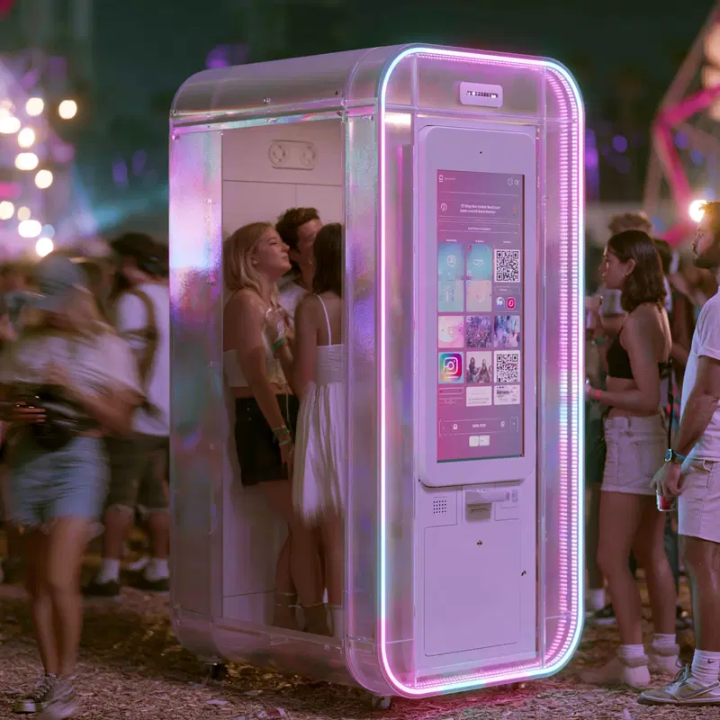 Nighttime photo booth with neon lights capturing a lively crowd