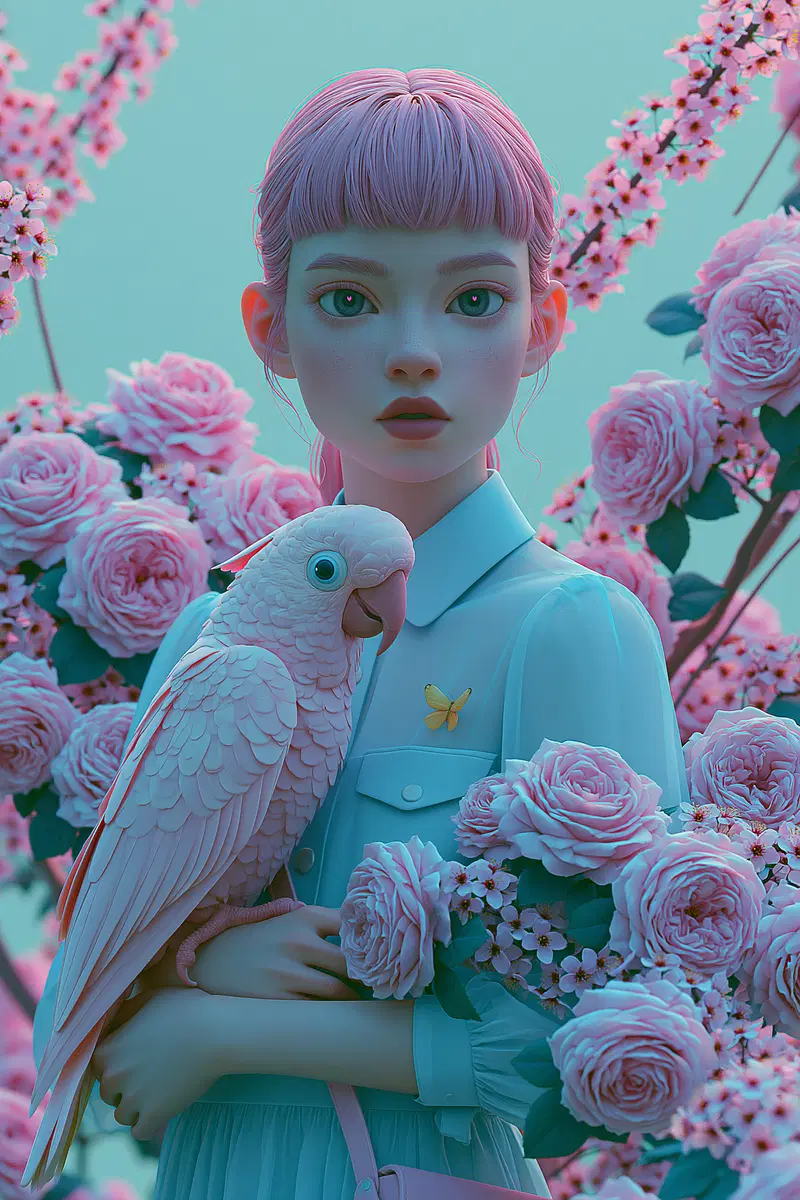 Stylized young woman holding a white parrot among blooming pink roses