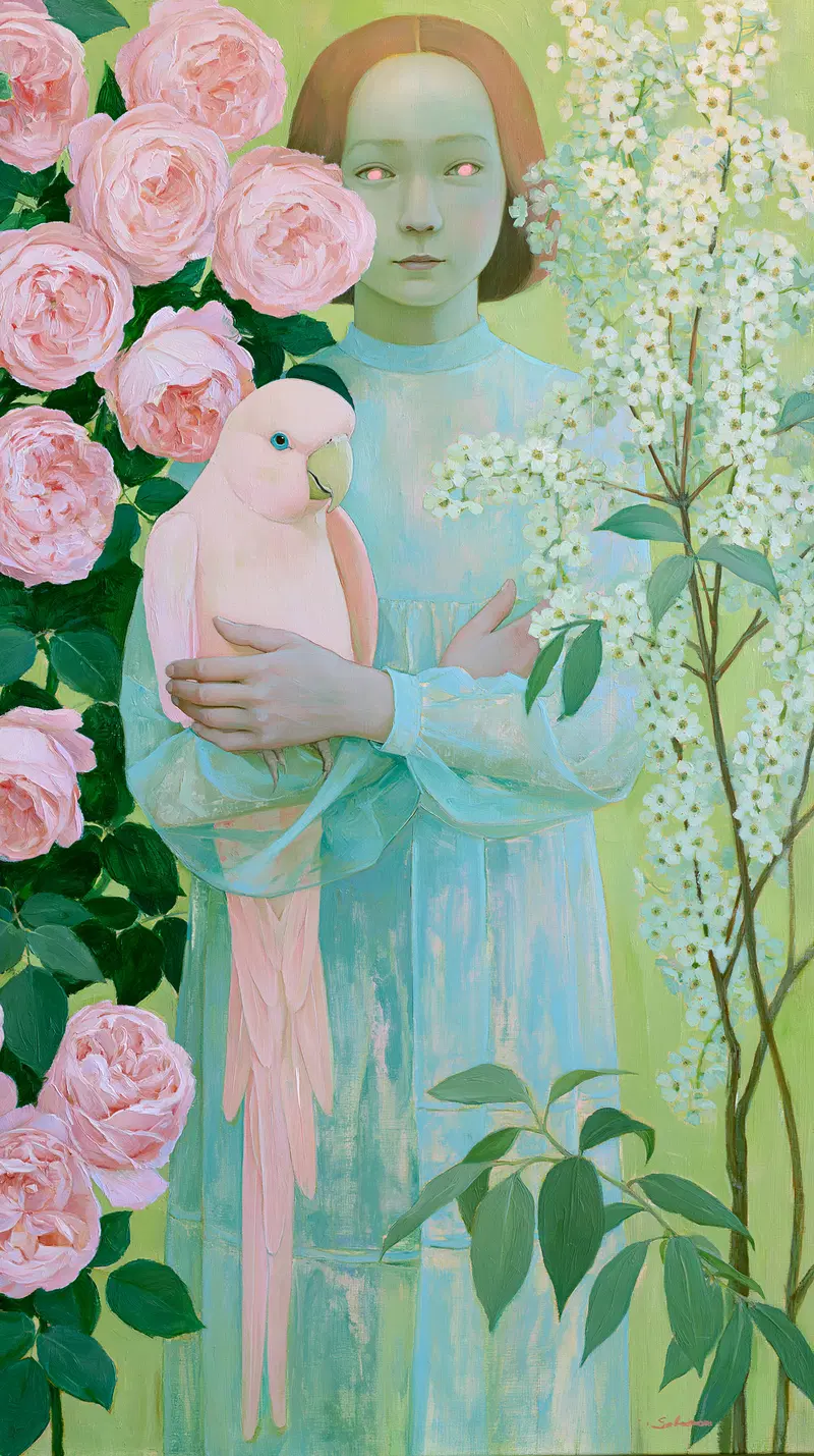 Surreal Portrait of a Girl Holding a Pink Parrot Among Blossoming Flowers