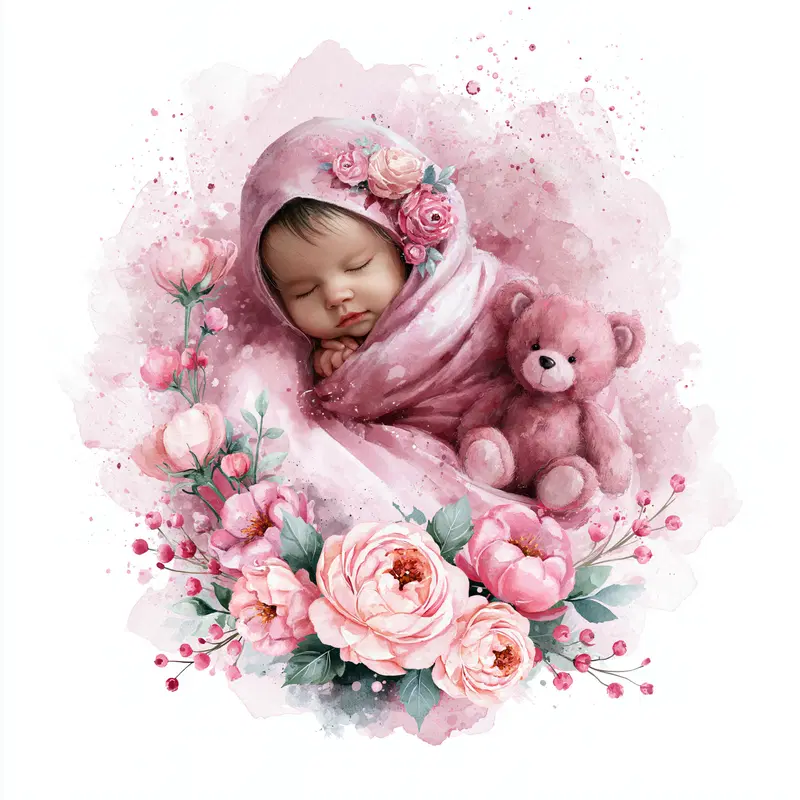 Watercolor Painting of a Sleeping Baby with Floral and Teddy Bear