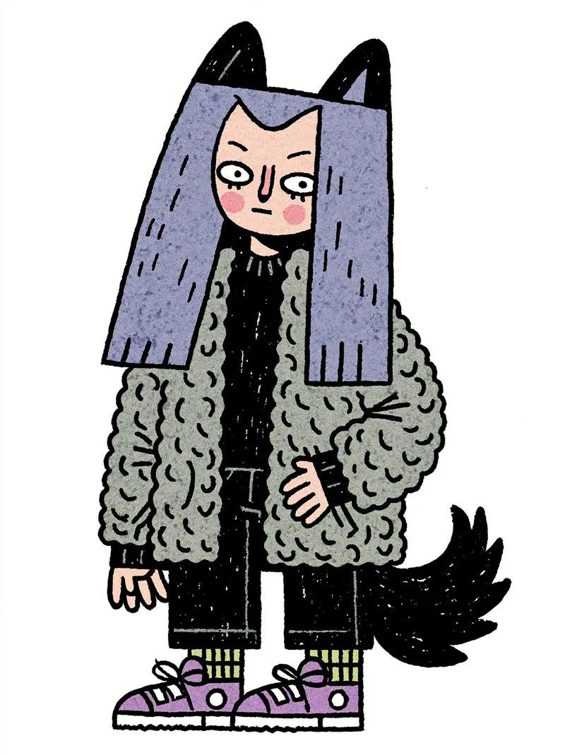 Quirky cartoon character with cat ears, long hair, and casual outfit