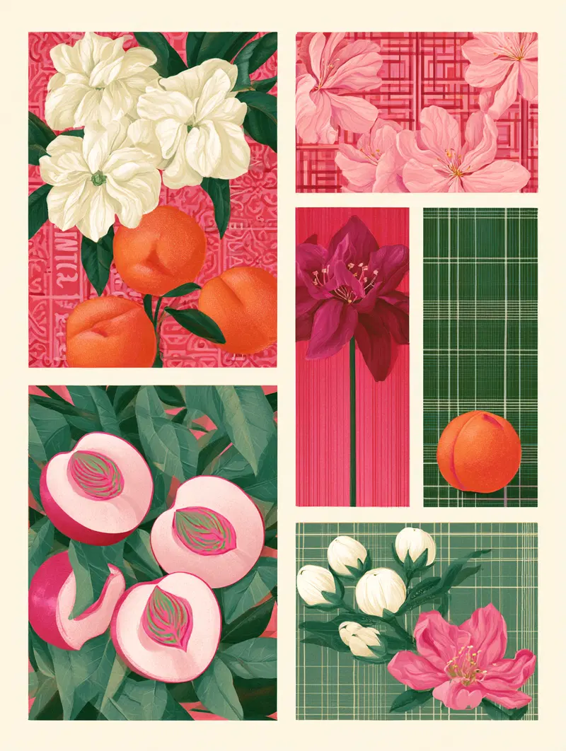 Vibrant botanical and fruit illustrations with floral details and patterned backgrounds