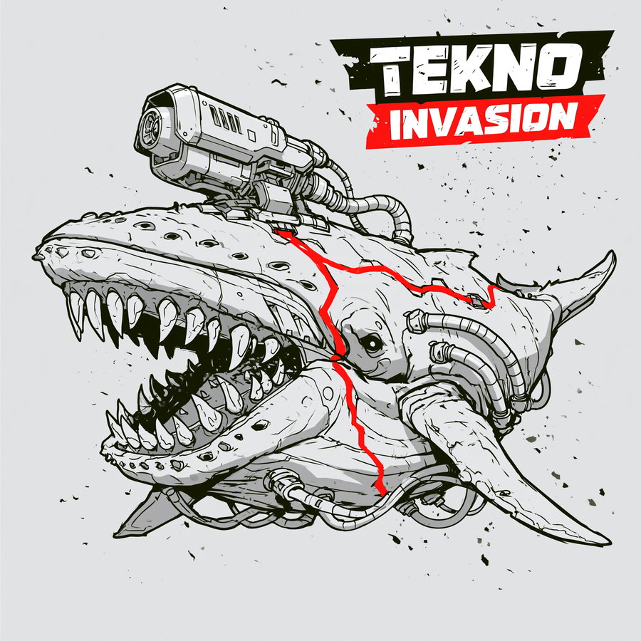 Illustration of a mechanical shark-like creature with sharp teeth, red glowing cracks, pipes, and a mounted weapon on its back with the text TEKNO INVASION