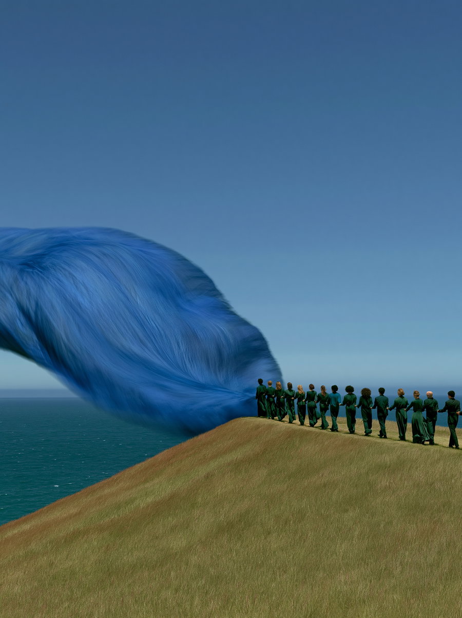 A group of people in green outfits standing in a line on a grassy hill top near the ocean, with a large flowing blue fabric or material extending from them into the sky