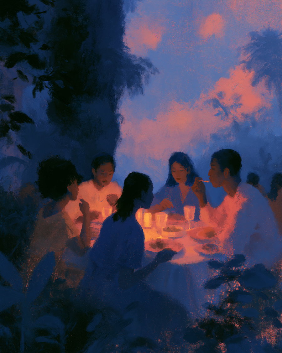 painting of five people sitting around a glowing table outdoors, surrounded by dark blue and purple tones with hints of orange light illuminating their faces